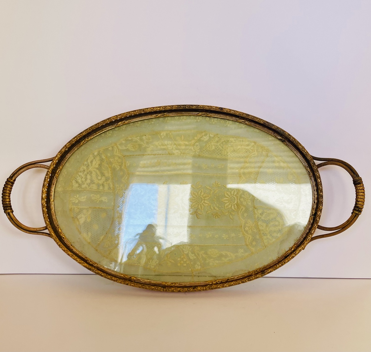 Brass Tray With Embroidery Under Glass 